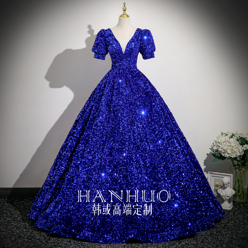 Blue Sequin Dress for Women, Heavy-Duty High-End Plus-Size Stage Performance Costume, Vocal Performance, Elegant Host Puffy Dress