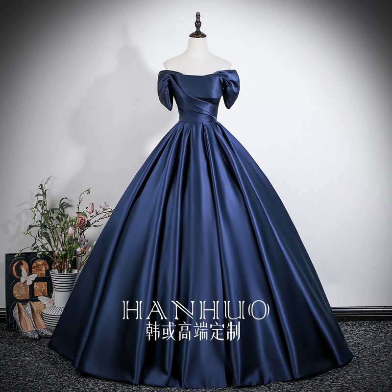 Navy Blue Host Dress for Coming-Of-Age Ceremony, New High-End Luxury Niche Satin Long Gown for Women, Summer Performance Outfit
