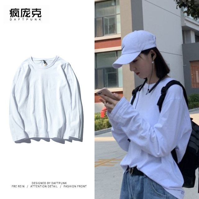 24 Korean ins retro basic solid color spring bottoming shirt with pure cotton versatile long-sleeved T-shirt for men and women bf style