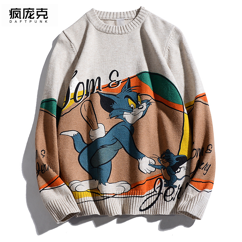 ins Hong Kong Style Cartoon Sweater for Men, Loose Round Neck Knitwear, Autumn Couple Outfit, Trendy Casual Sweater Jacket for Women ins Hong Kong Style Cartoon Sweater for Men, Loose Round Neck Knitwear, Autumn Couple Outfit, Trendy Casual Sweater Jacket for Women