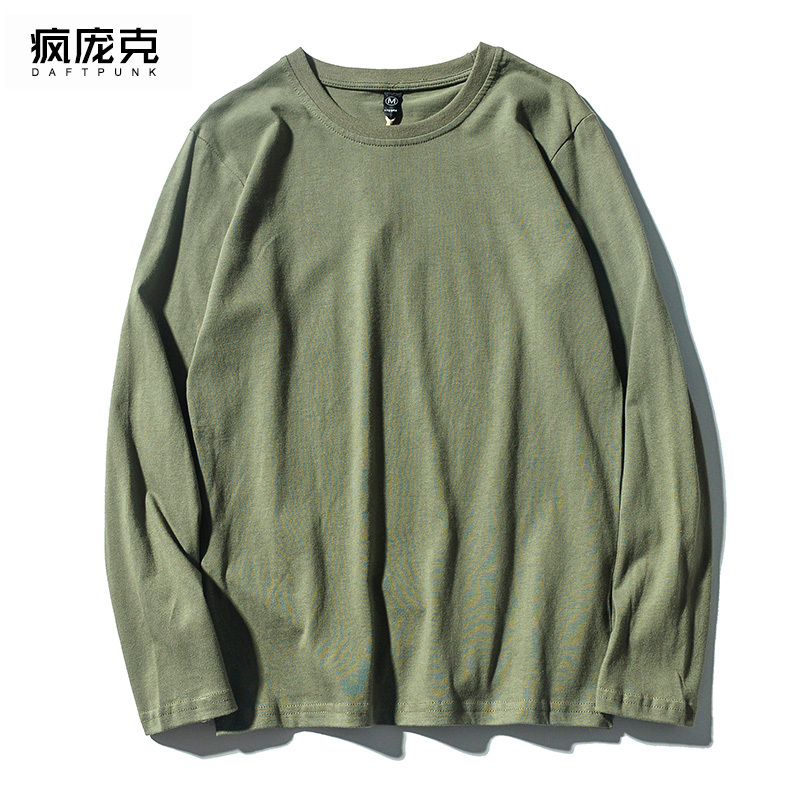 Pure Cotton Men's and Women's Army Green T-Shirt, New Loose-Fitting Korean Style Long-Sleeved Top for Autumn and Winter, Student Couple Base Shirt Pure Cotton Men's and Women's Army Green T-Shirt, New Loose-Fitting Korean Style Long-Sleeved Top for Autumn and Winter, Student Couple Base Shirt