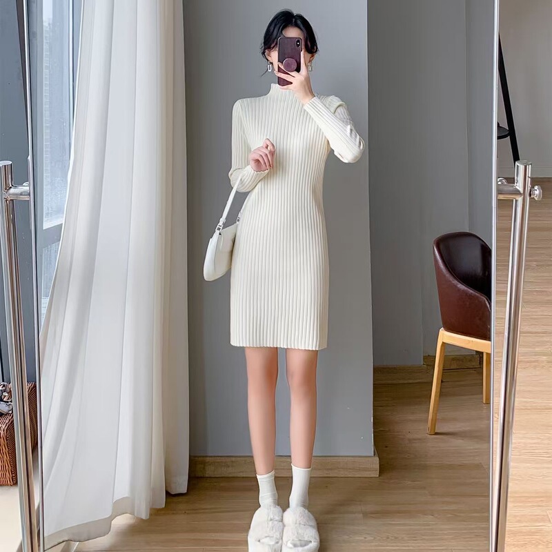 Turtleneck Sweater Dress for Women, Autumn and Winter Long Skirt, Over-The-Knee, Paired with a Coat, Mid-Length, Tight-Fitting, Knitted Bodycon Dress for Women