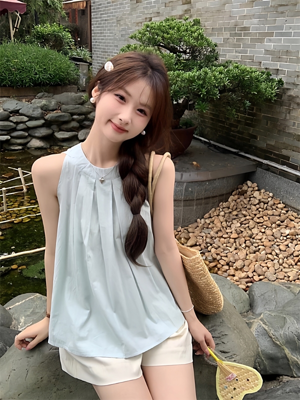 Super Pretty Off-Shoulder Ruched Sleeveless Shirt for Women, Summer Design Halter Neck Tank Top, Korean Style Babydoll Shirt, Age-Reducing Top Super Pretty Off-Shoulder Ruched Sleeveless Shirt for Women, Summer Design Halter Neck Tank Top, Korean Style Babydoll Shirt, Age-Reducing Top