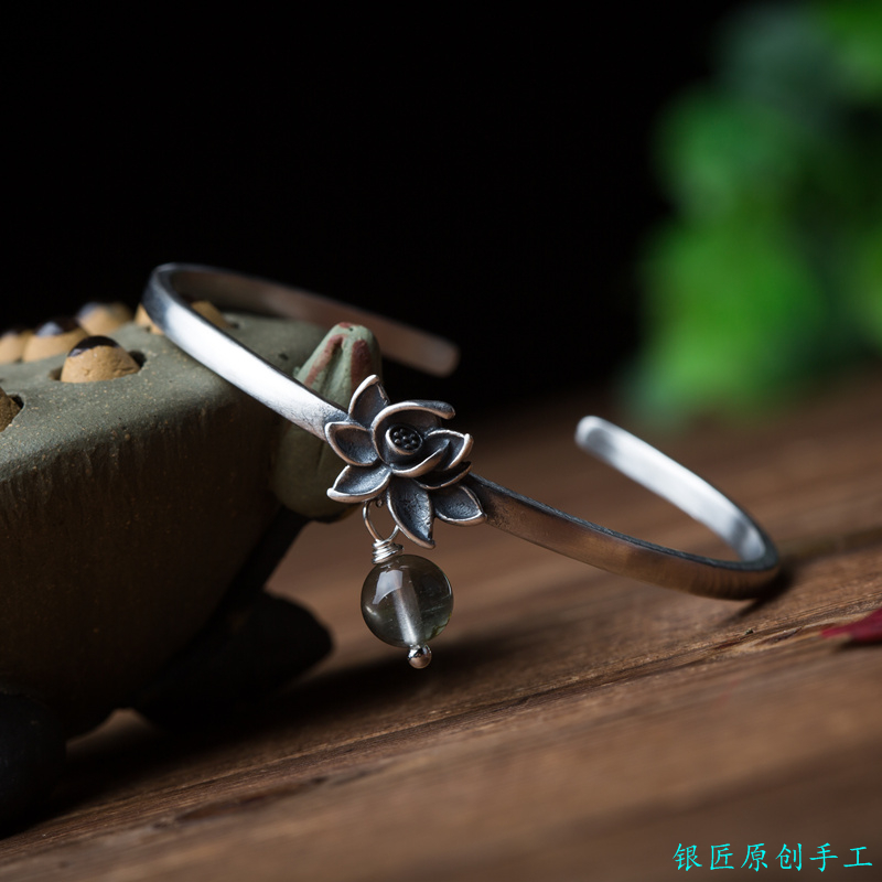 s925 Pure Silver Lotus Bracelet Female Style Original Opening Retro National Wind Art Temperament Brief Silver Bracelet