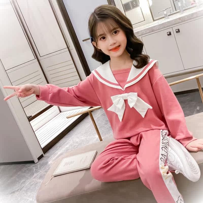 Spring Autumn New Girl's Foreign Pie Collar Tie Shawl Jacket Trousers Sports Two Suits CUHK Child Navy Collar Suit