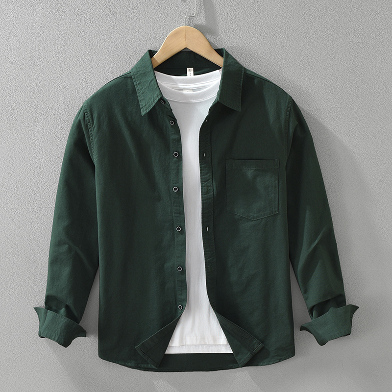 Dark Green Trendy Brand Long-Sleeve Shirt for Men, Slightly Loose, Japanese and Hong Kong Style, Cool and Stylish Shirt Jacket, Pure Cotton, Versatile