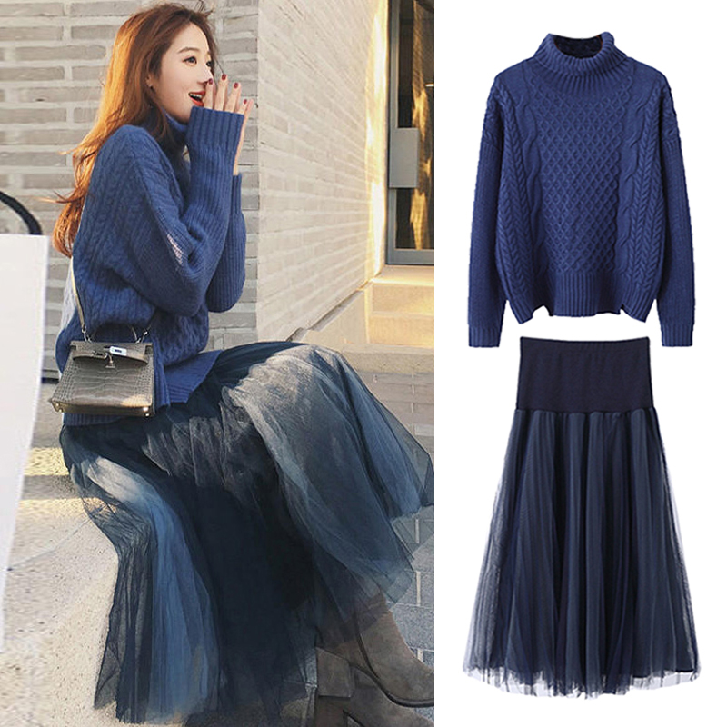 Early spring 2021 new large size women's clothing fat mm thin half body Western dress sweater two-piece suit Western style