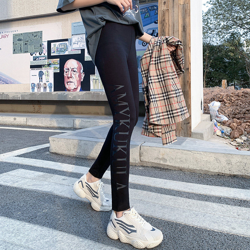 Black leggings women's outerwear nine points autumn thick tight elastic sports pants large size buttocks cotton printed letters