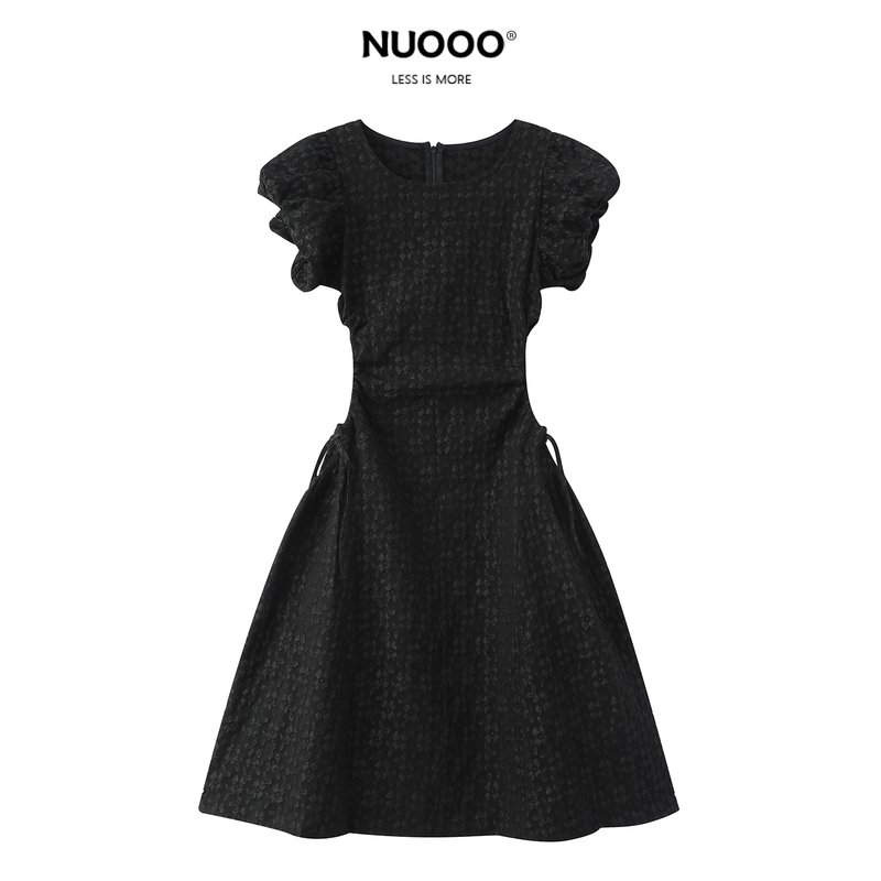 Nuooo Korean Style Gentle Round Neck Waist-Revealing Long Dress 2025 Summer New Black Flutter Sleeve Dress
