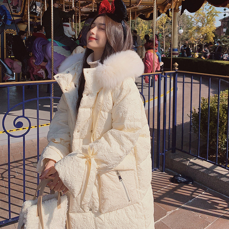 majewuyu large woolen collar down jacket woman 2021 Winter new loose large size white duck suede medium long version of bread