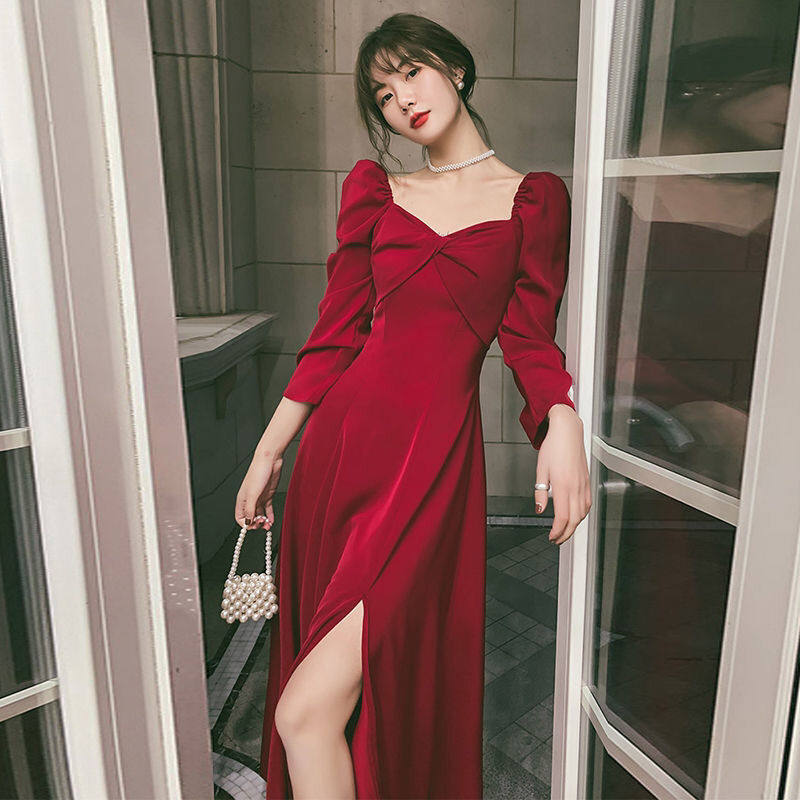 MAJEWUYU long sleeve wine red color toast gown 2022 spring new cashew slim temperament open fork long dress