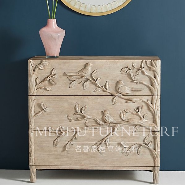 American countryside solid wood bucket cabinet retro bird language flower fragrant relief light and luxurious art Three-bucket cabinet Decorative Cabinet Bed Head Cabinet