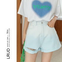 LRUD gradient blue denim shorts female summer hot girl 2021 New Korean version of hole wide leg pants loose straight pants