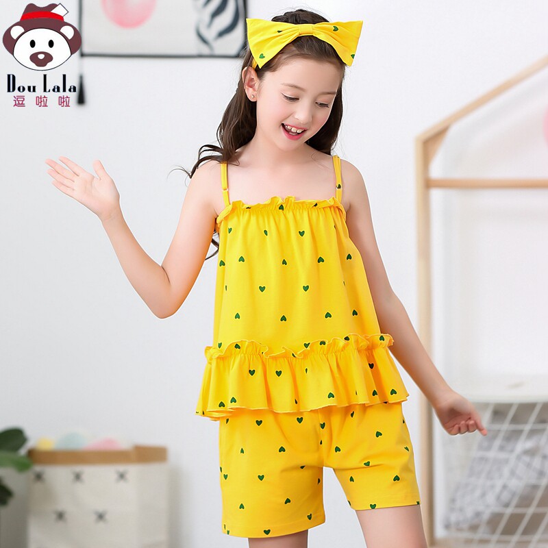 Girls pajamas summer cotton thin suspenders Princess middle and large children summer parent-child children air conditioning clothing set