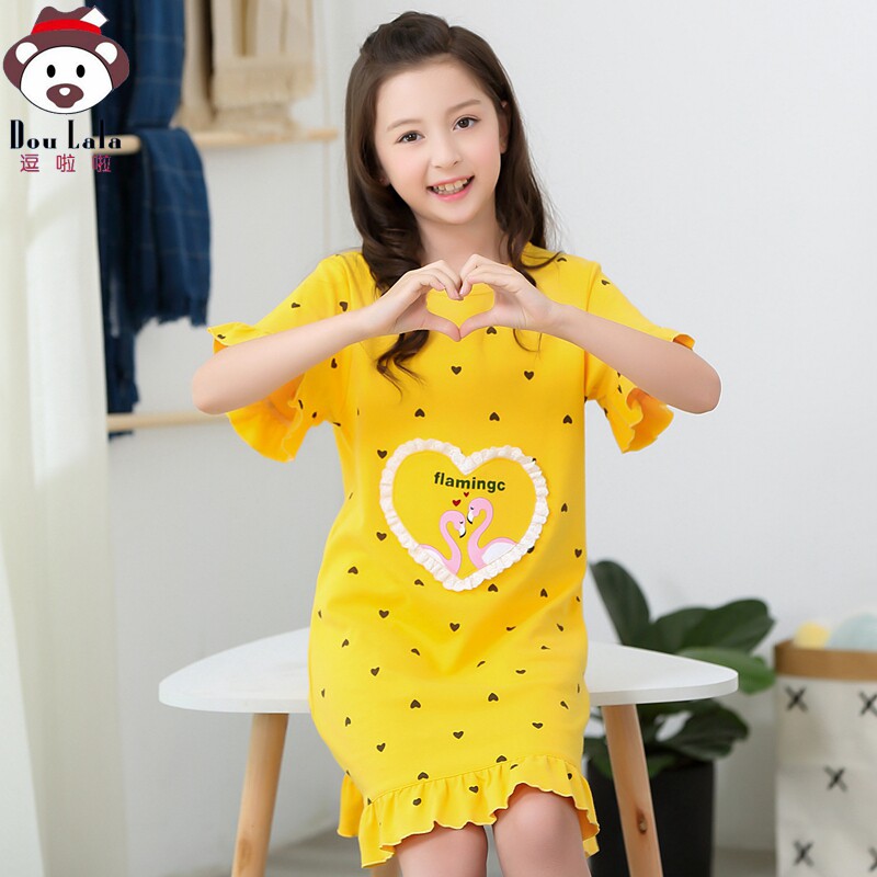Girl Sleeping Dress Summer Thin short sleeves Pure cotton Children Pyjamas Little Girl Summer Princess Parent-child Air Conditioning Home