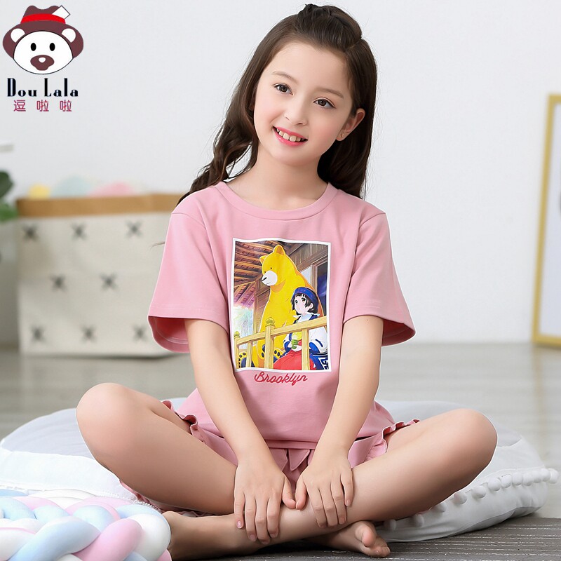 Children's pajamas Women summer cotton suit Summer thin short-sleeved baby girl princess parent-child girl home clothes