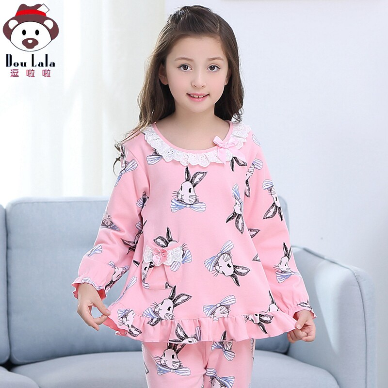 Children's pajamas girls spring and autumn pure cotton suit long-sleeved baby middle-aged and older children princess girls home clothes summer