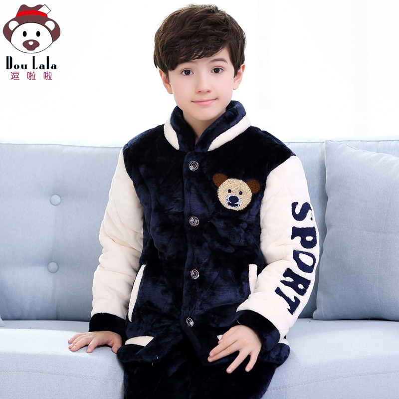 Child Pyjamas Boy Autumn Winter Flannel Coral Suede Three Layers Clip Cotton Thickened Little Boy's Baby Home Conserved
