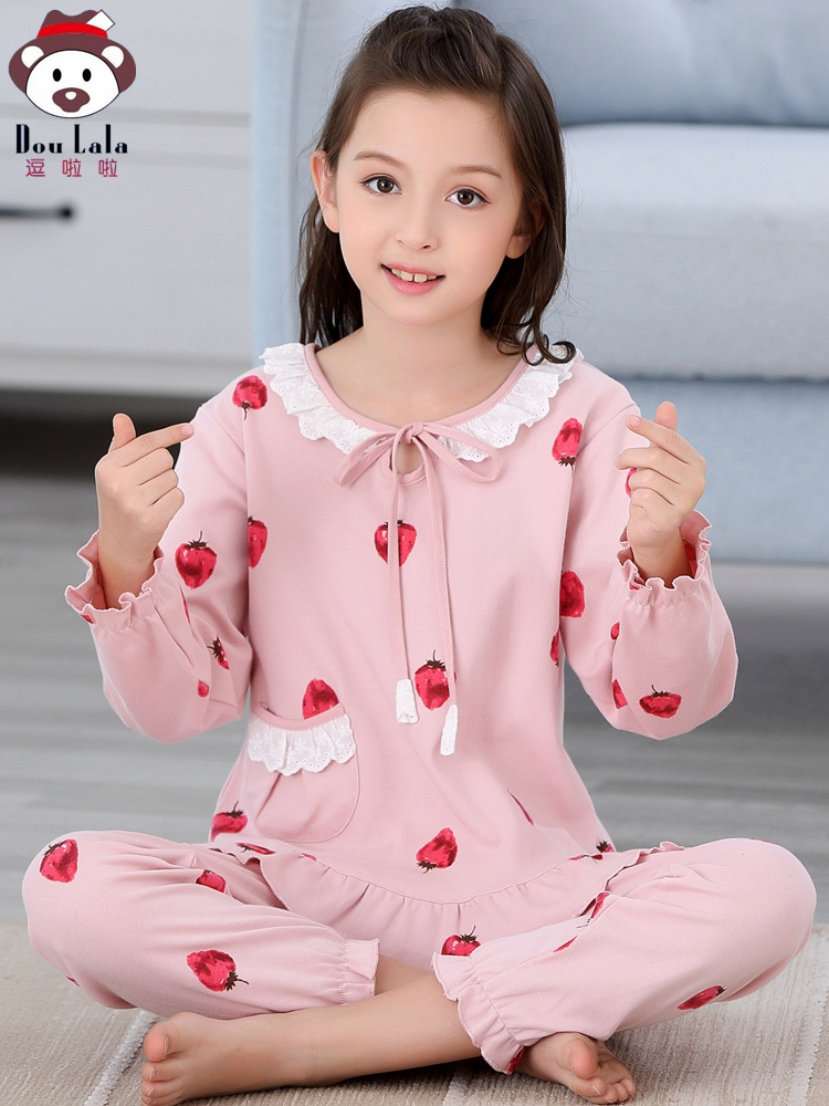 Children's pajamas girls pure cotton long-sleeved spring and autumn thin section girls middle and big children summer princess baby home service suit