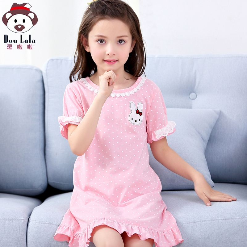 Girl Sleeping Skirt Summer Short Sleeve Thin section Pure cotton Children's pyjamas Girl Princess Baby Parent-child Foreign Dress Home Clothes