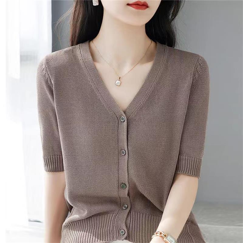 Ice Silk Knitted Cardigan Women's Short Sun Protection Shirt 2026 Summer New Style Short-Sleeved Outerwear Thin Shawl V-Neck Top