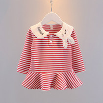 2021 new spring clothing 0-3-year-old female baby striped wind doll collar pure cotton T-shirt infant long sleeve foreign air dress