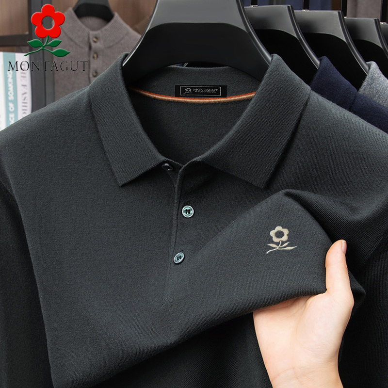 Montagut Autumn Thin Wool Long-Sleeve T-Shirt for Men, Turn-Down Collar, Business Solid Color Knitted Base Shirt, Sweater, Dad's Outfit Montagut Autumn Thin Wool Long-Sleeve T-Shirt for Men, Turn-Down Collar, Business Solid Color Knitted Base Shirt, Sweater, Dad's Outfit