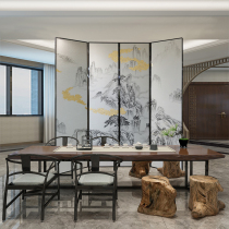 Modern simple fine brushwork landscape hand-painted gold foil painting folding screen partition hotel office custom wall metal frame