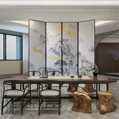 Modern minimalist Gongbi landscape hand-painted gold leaf painting folding screen partition Hotel office custom wall metal frame