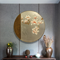 Hand-painted magnolia lacquer painting carving new Chinese living room decorative painting simple porch circle frame hanging painting elegant Zen