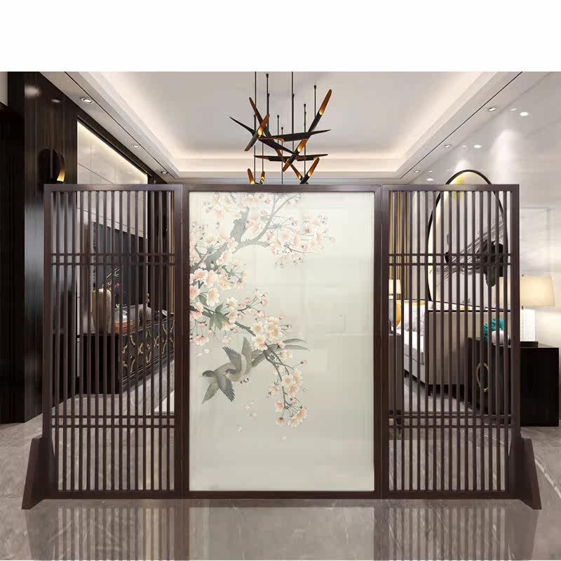 New Chinese style solid wood grid screen porch hollow partition semi-permeable yarn painting door mobile flower and bird picture seat screen customization