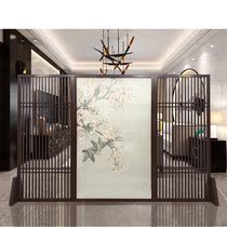 New Chinese style solid wood grid screen porch hollow partition semi-permeable yarn painting door mobile flower and bird picture seat screen customization