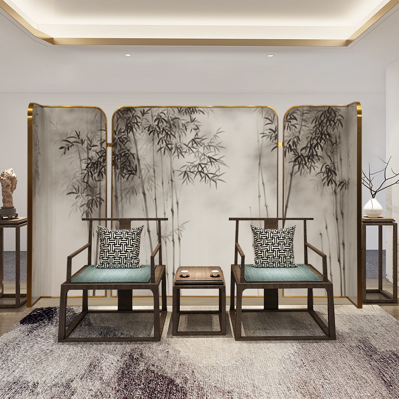 New Chinese style hand-painted bamboo paint painting screen L-shaped partition Hotel decoration living room bedroom bed head screen modeling customization