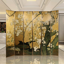 New Chinese hand-painted gold foil flower and bird screen partition mobile hotel home porch living room decoration cherry blossom drawing custom