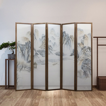 Solid wood screen hand-painted translucent fine brushwork landscape new Chinese partition restaurant entrance living room decoration