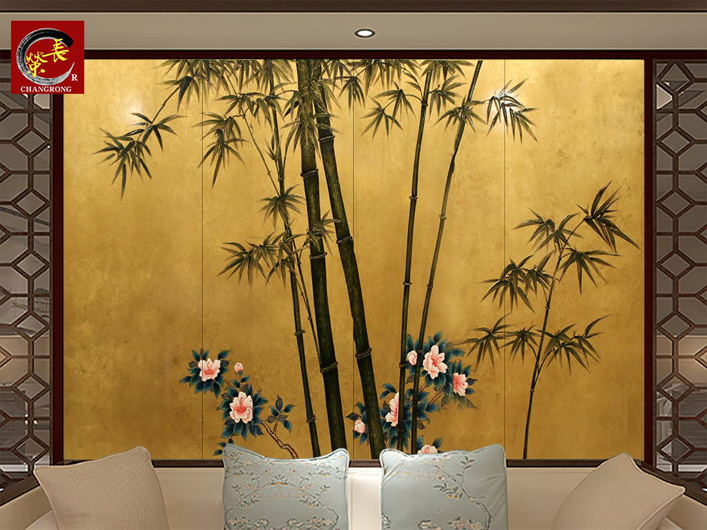 Painting screen folding mobile home partition handdrawn bedroom fresco decoration gold foil bamboo forest high-end customization
