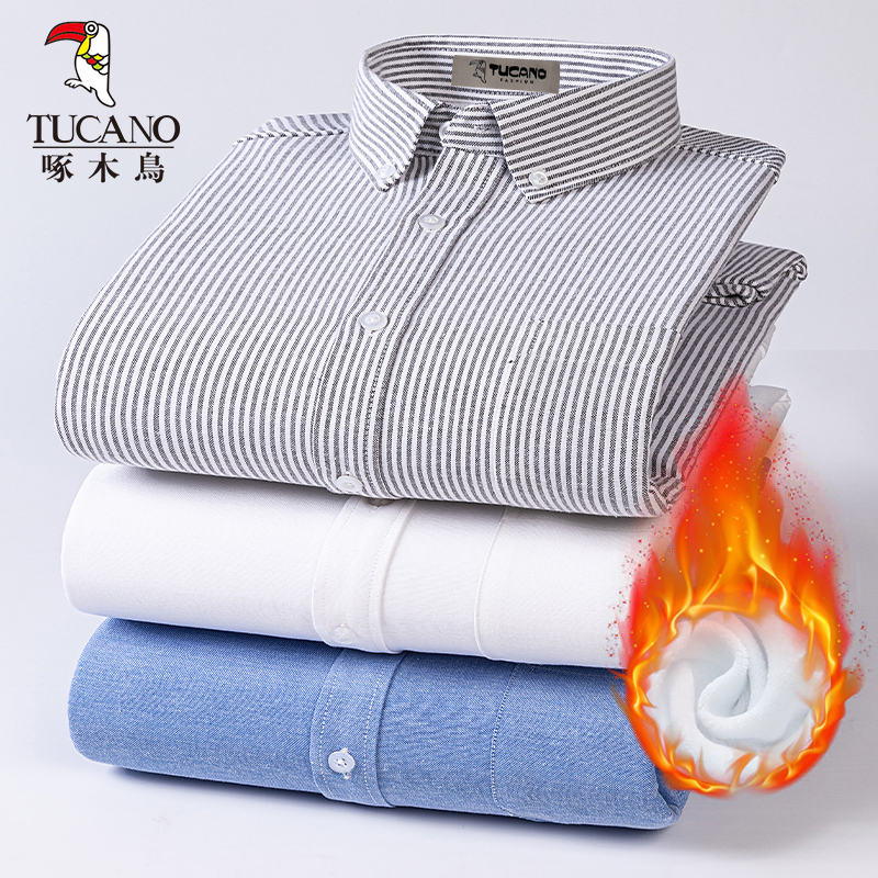 Woodpecker Brand's New Autumn and Winter Warm Shirt for Men, Fleece-Lined and Thickened, Oxford Fabric, Long-Sleeved, Casual, Wrinkle-Free, Suitable for Middle-Aged Men