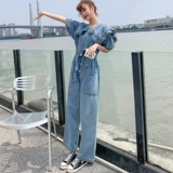 Тонкий комбинезон, штаны, оверсайз, коллекция 2023, рукава фонарики, по фигуре, свободный крой, высокая талия