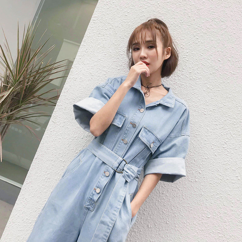 short sleeved denim jumpsuit