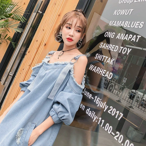 Осеннее платье-комбинация, дорожное джинсовое платье, 2020, в корейском стиле, открытые плечи