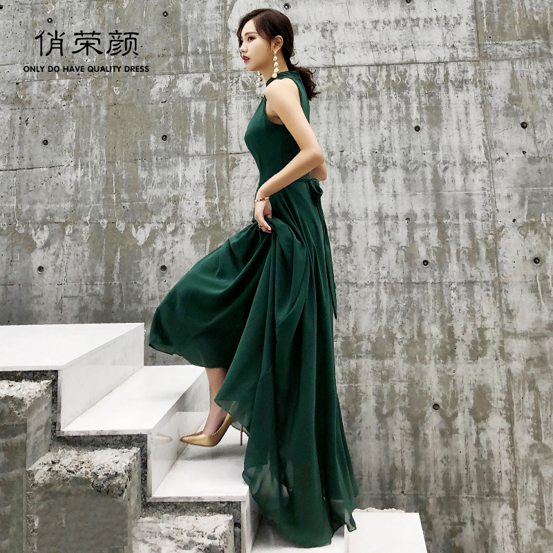 Halter Neck Evening Dress for Women 2026 New Style Sexy Socialite Classy Banquet Elegant Host Dark Green Dress