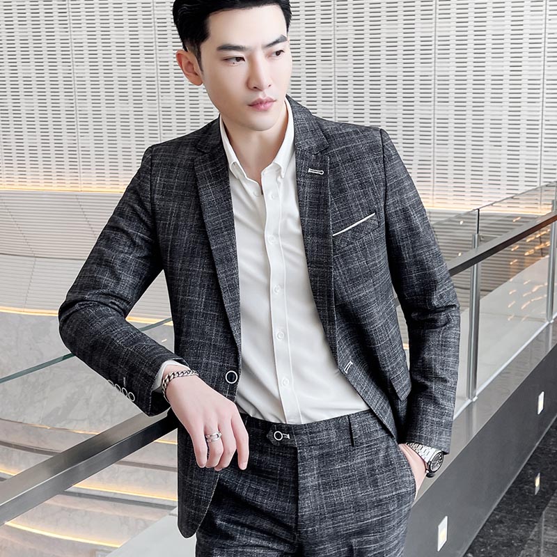 Plaid suit men's suit Korean version with light ripened wind business Zhengdress groom's wedding handsome and handsome companion Little West suit man