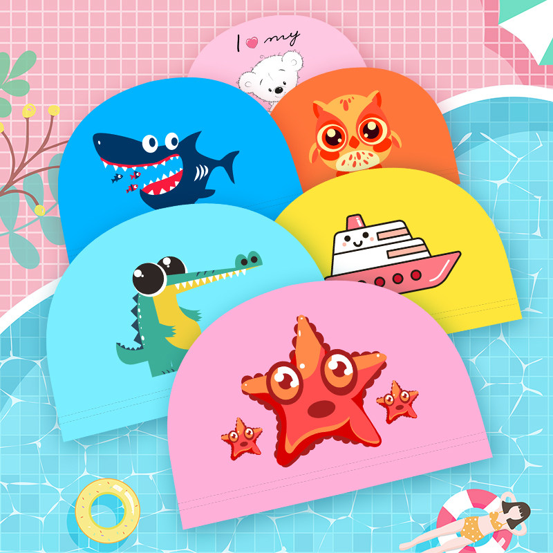 Child swimming cap waterproof ear male and female PU cloth cap long hair comfort without stranglehead cute Korean cartoon swimming cap