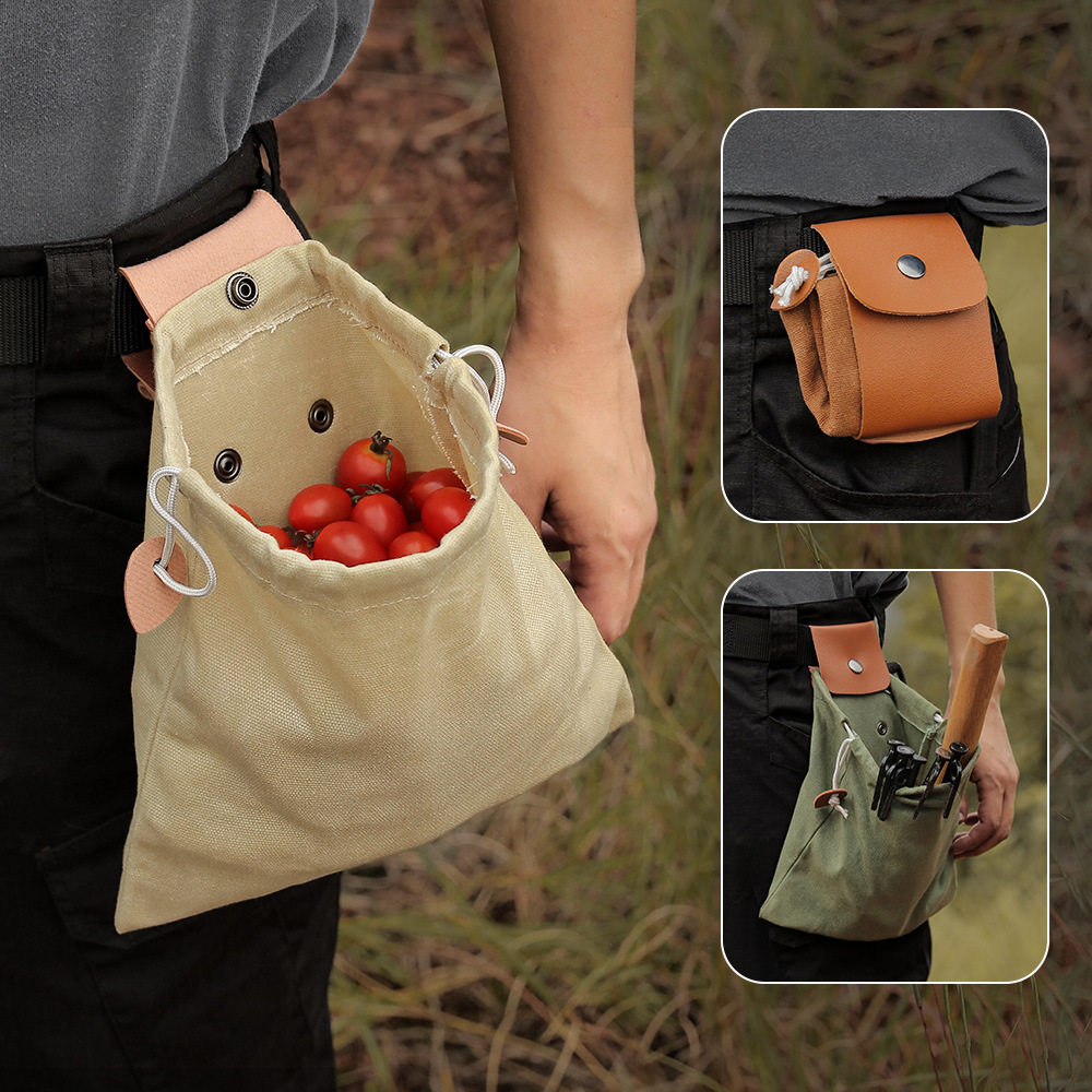 Outdoor foraging bag, fruit picking bag, waist hanging tool, waist bag, drawstring pocket, folding canvas tool storage bag
