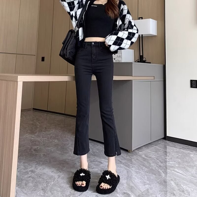 2024 Spring and Autumn Black Slit Nine-Point Pants High-Waisted Stretch Slimming Jeans for Petite Women Straight-Leg Cigarette Pants