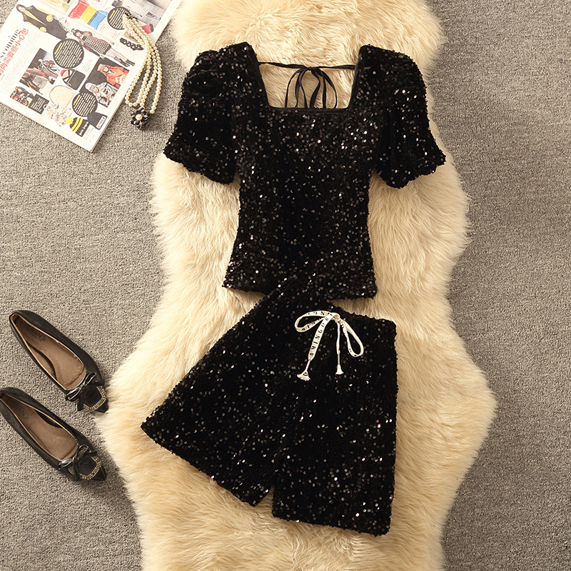 2026 Summer New Women's Fashion Design Square Neck Tie Back High Waist Shorts Sequin Two-Piece Set Trendy