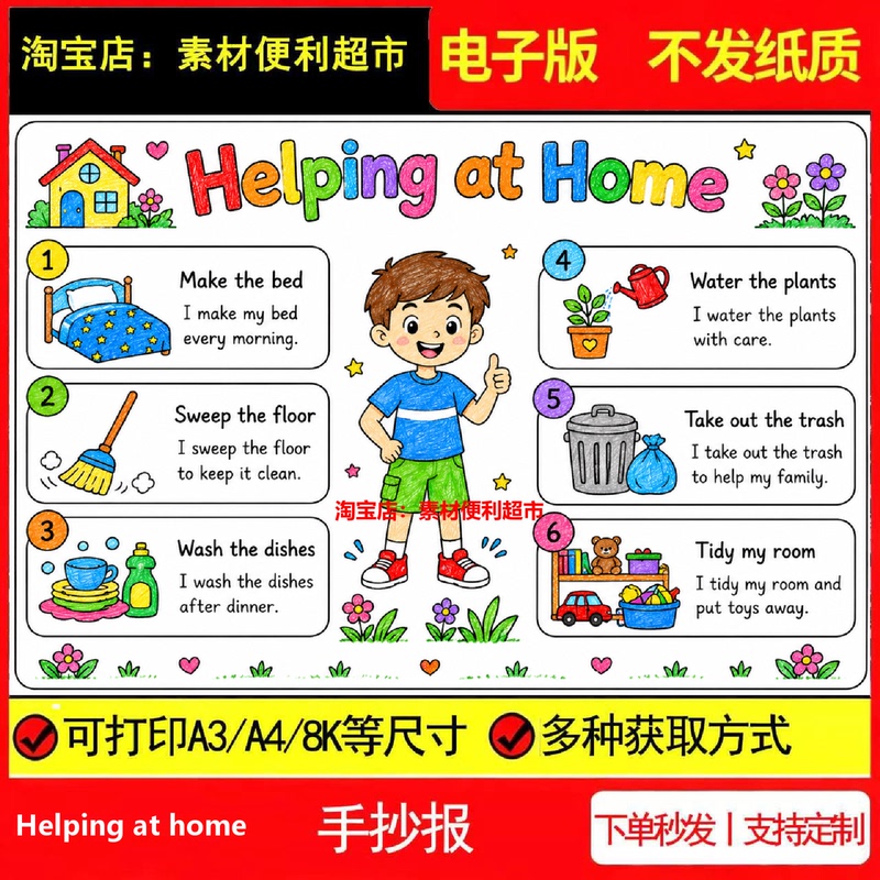 Helping at Home: Electronic Template for a Handwritten Poster in English, Dishwashing Line Drawing, Hand-Drawn Helping at Home: Electronic Template for a Handwritten Poster in English, Dishwashing Line Drawing, Hand-Drawn
