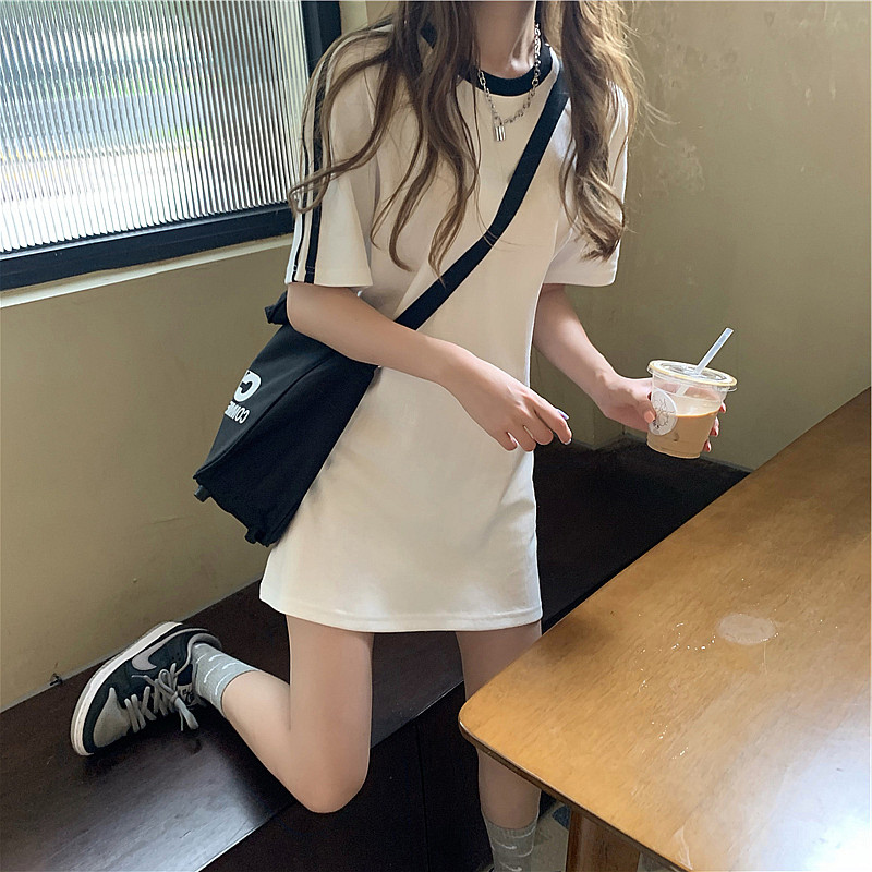 White Mid-Length Short-Sleeve T-Shirt for Women, Summer 2026 New Style, Loose Fit, Pure Cotton, Slimming, Bottomless Effect T-Shirt Dress