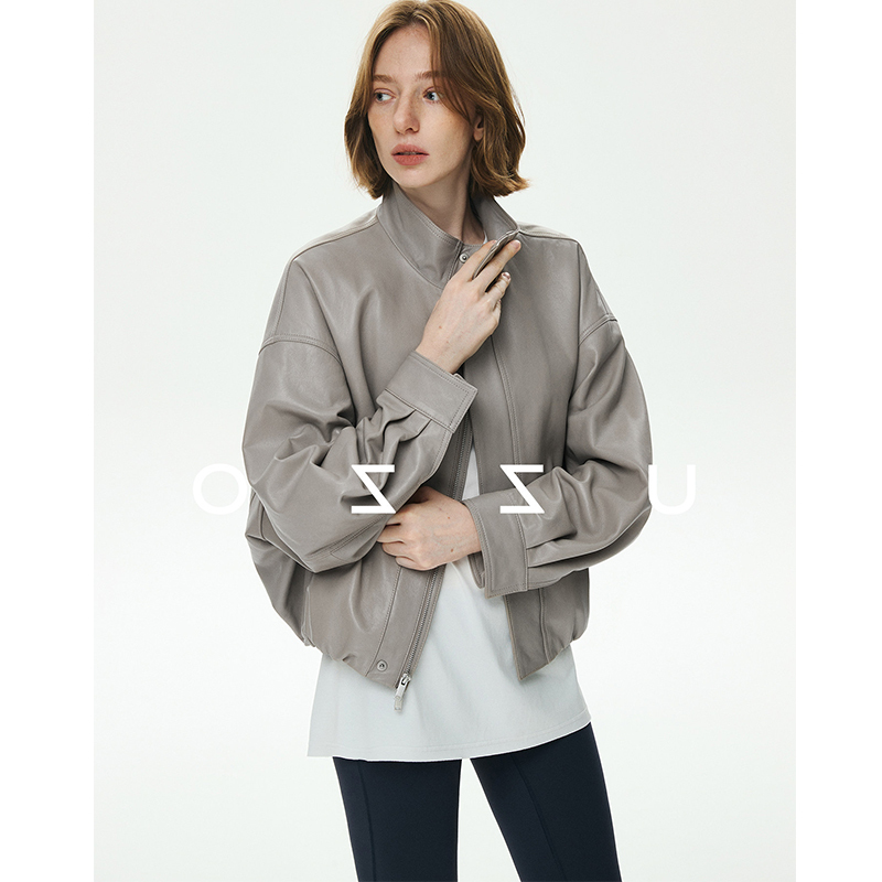 Imported Sheepskin Leather Jacket for Women, Minimalist Aesthetic, High-End Feel, Small Stand-Up Collar, Pleated Hem, Short Leather Jacket