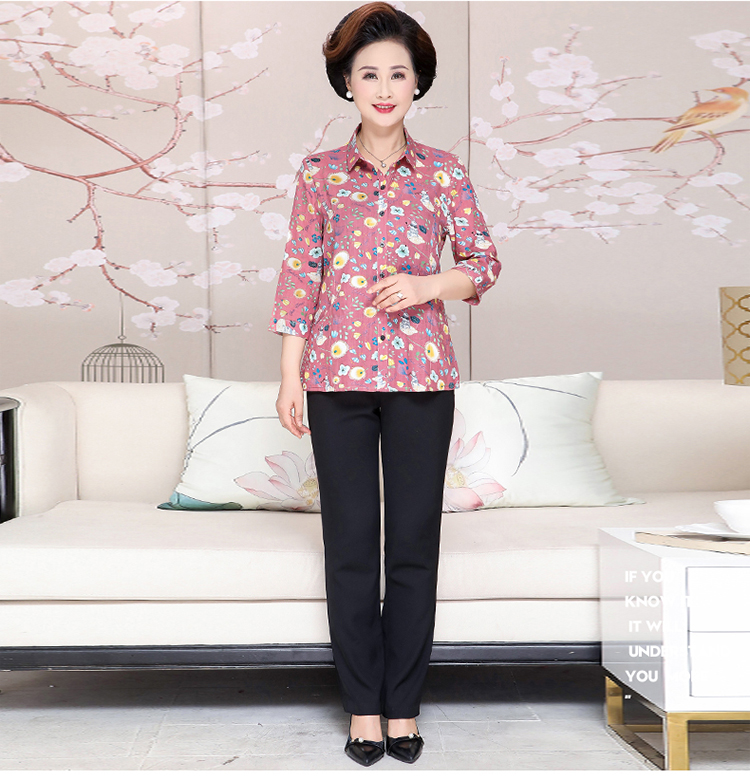 Bà mặc áo sơ mi cotton và vải lanh mùa hè tay áo bảy điểm cho phụ nữ trung niên mùa xuân và áo khoác mùa thu mẹ tải quần áo cũ - Áo sơ mi áo sơ mi form rộng nữ